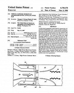 Mar. 8, 1988-VIRTUAL CATHODE MICROWAVE GENERATOR HAVING ANNULAR ANODE SLIT, 4,730,170