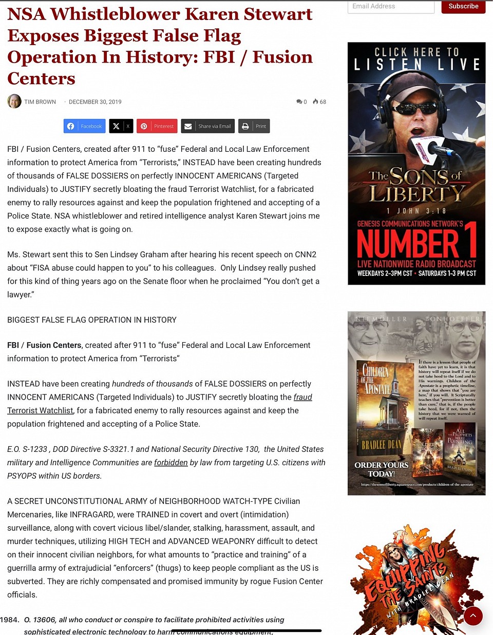 FBI / Fusion Centers, created after 911 to “fuse” Federal and Local Law Enforcement information to protect America from “Terrorists,” INSTEAD have been creating hundreds of thousands of FALSE DOSSIERS on perfectly INNOCENT AMERICANS (Targeted Individuals) to JUSTIFY secretly bloating the fraud Terrorist Watchlist, for a fabricated enemy to rally resources against and keep the population frightened and accepting of a Police State. NSA whistleblower and retired intelligence analyst Karen Stewart joins me to expose exactly what is going on.