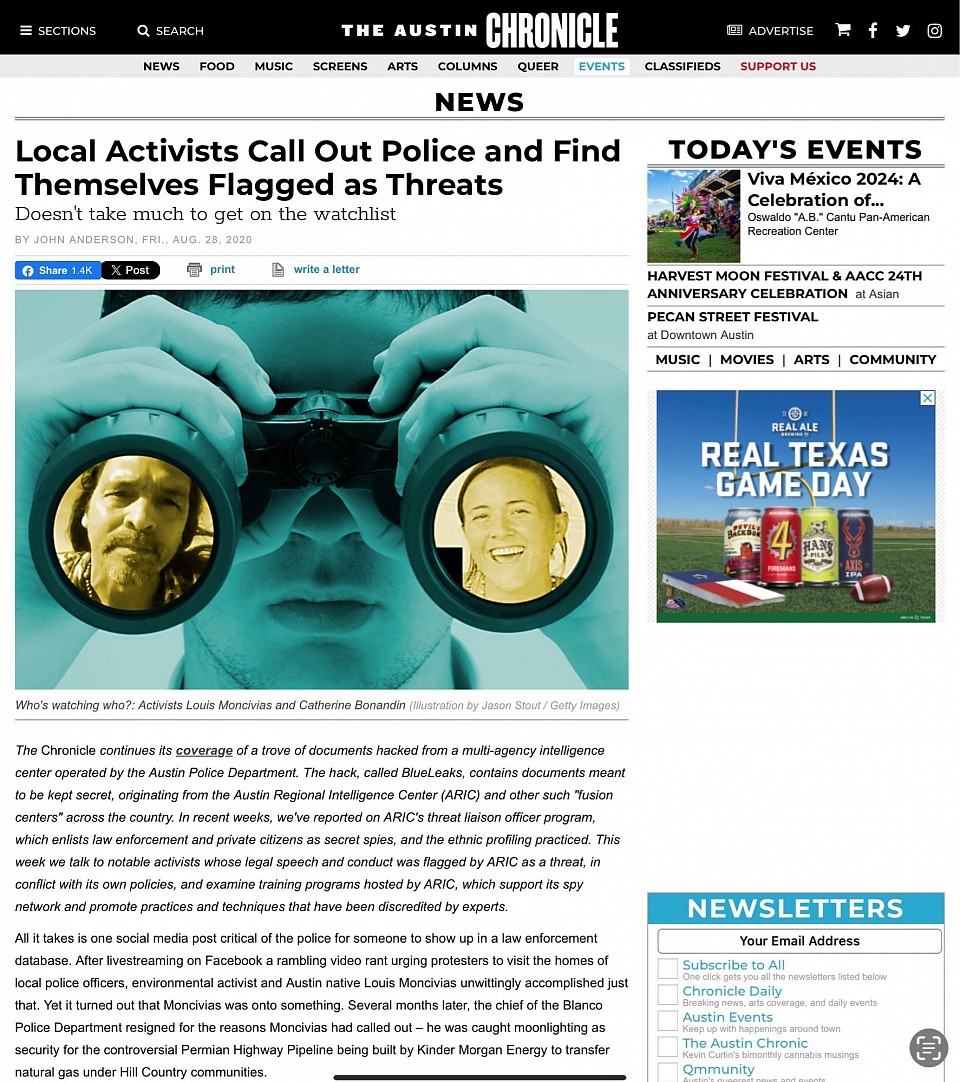 Local Activists Call Out Police and Find Themselves Flagged as Threats Doesn't take much to get on the watchlist BY JOHN ANDERSON, FRI., AUG. 28, 2020