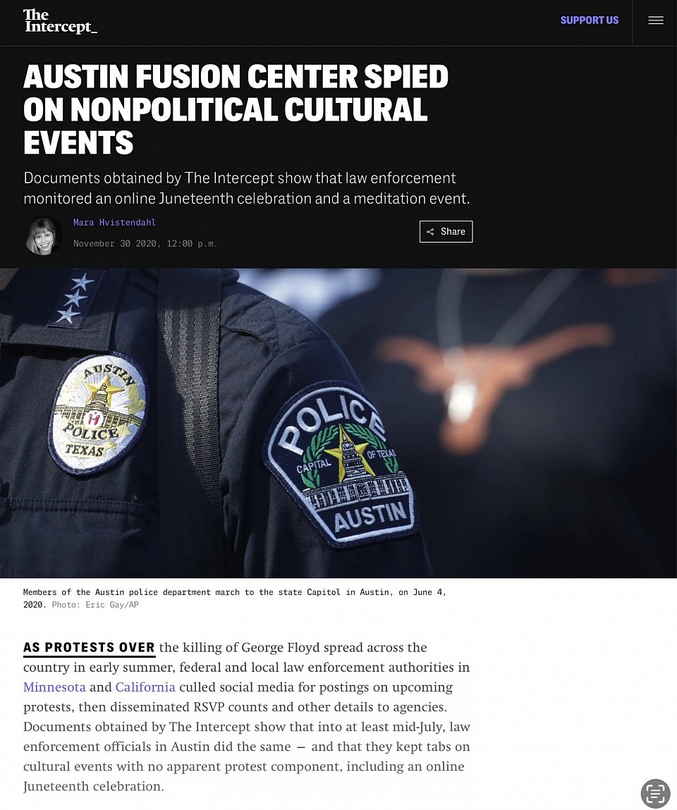 AUSTIN FUSION CENTER SPIED ON NONPOLITICAL CULTURAL EVENTS
