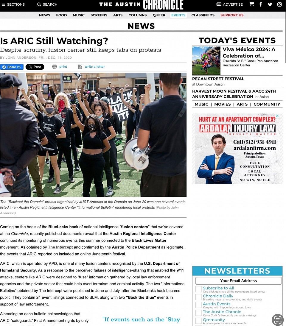 Is ARIC Still Watching? Despite scrutiny, fusion center still keeps tabs on protests BY JOHN ANDERSON, FRI., DEC. 11, 2020