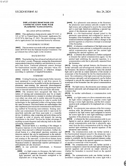 Oct. 24, 2024- IMPLANTABLE BIOSENSOR AND COMMUNICATION NODE WITH PLASMONIC NANO-ANTENNA, US 2024/0350045 A1