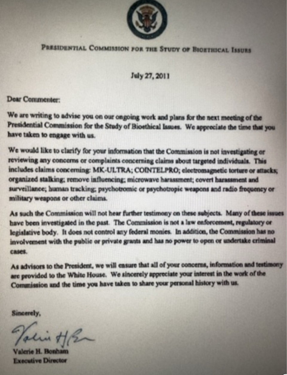 July 27, 2011- Letter of Denial By President Barack Obamas Cabinet